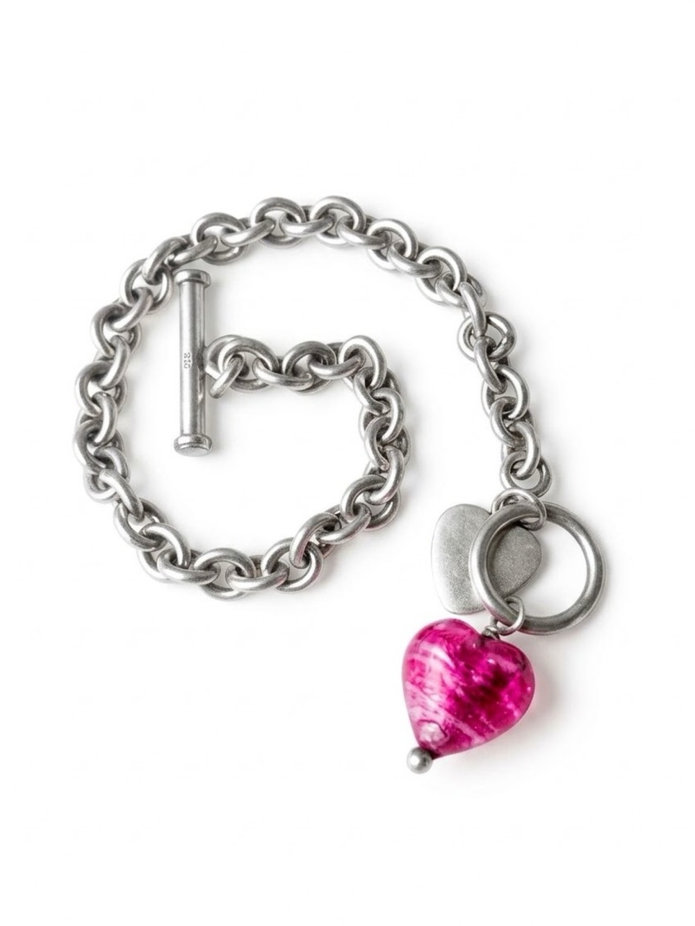 Vintage Sterling Silver Chain Bracelet with Pink Glass Heart Charm